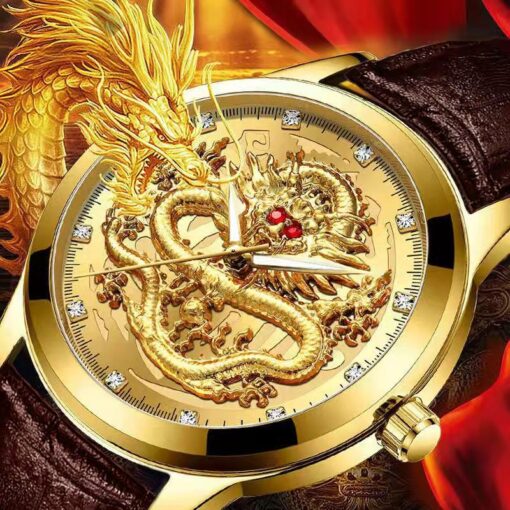 Златист мъжки часовник с дракон и фосфорни стрелки