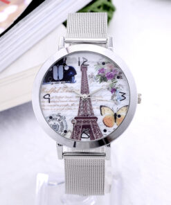 Стилен сребрист дамски часовник със Айфеловата кула